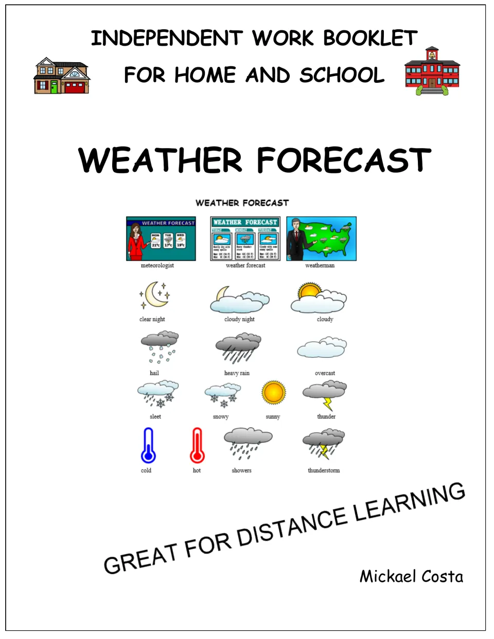 Weather Forecast booklet cover introduces independent work for home and school with weather vocabulary pictures.