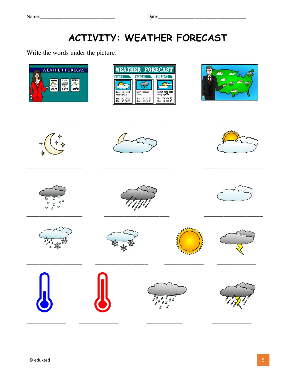 Weather vocabulary labeling activity asks students to write the terms for all 17 reference-sheet pictures.
