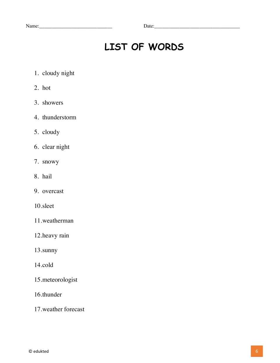 Weather vocabulary list supplies 17 terms, including cloudy night, thunderstorm, overcast, and meteorologist.