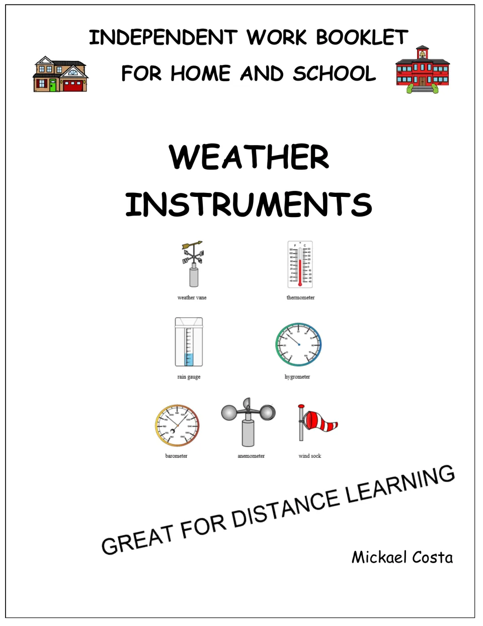 Weather instruments booklet cover for home and school, picturing a weather vane, rain gauge, barometer, anemometer and more