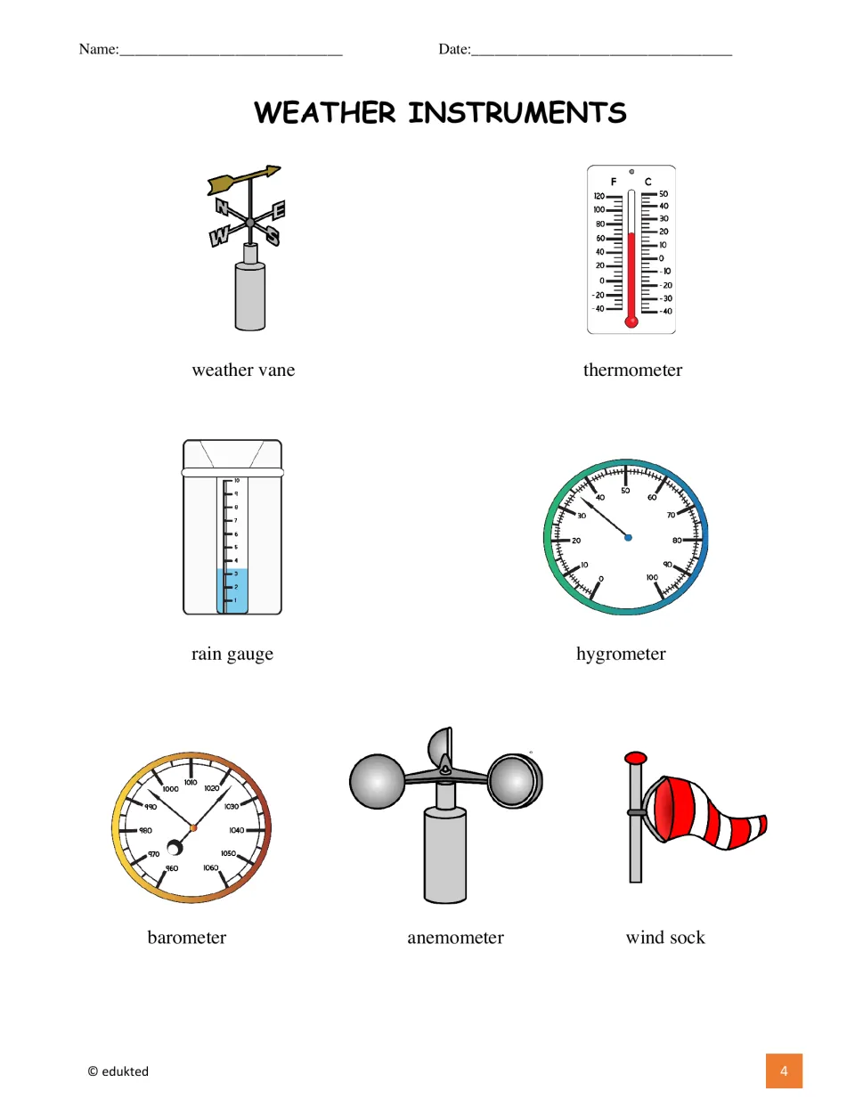 Vocabulary sheet: seven labeled weather instrument pictures, from a weather vane and rain gauge to a wind sock