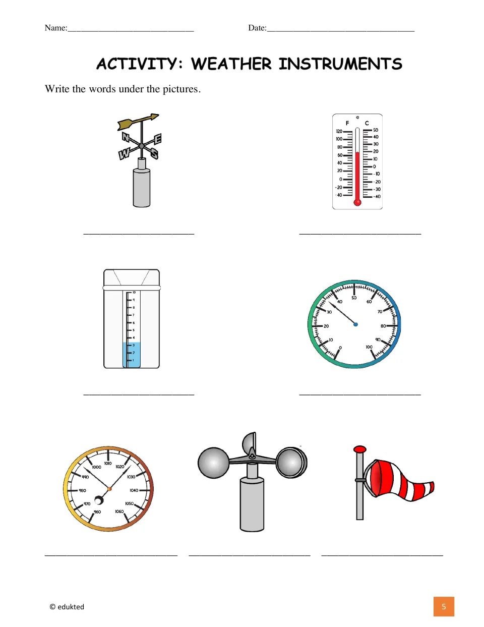 Weather instrument labeling activity: students write the correct name under each of seven unlabeled instrument pictures