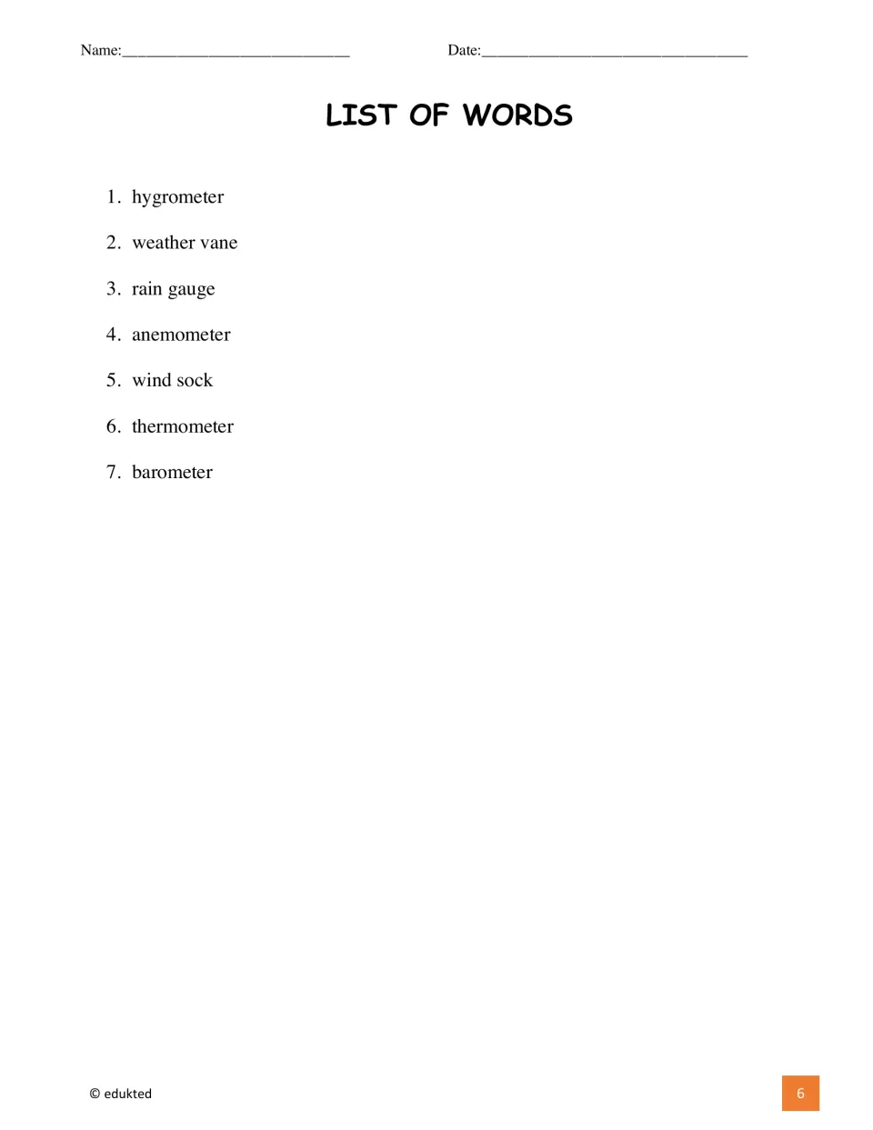 Numbered list of seven vocabulary words: hygrometer, weather vane, rain gauge, anemometer, wind sock, thermometer, barometer