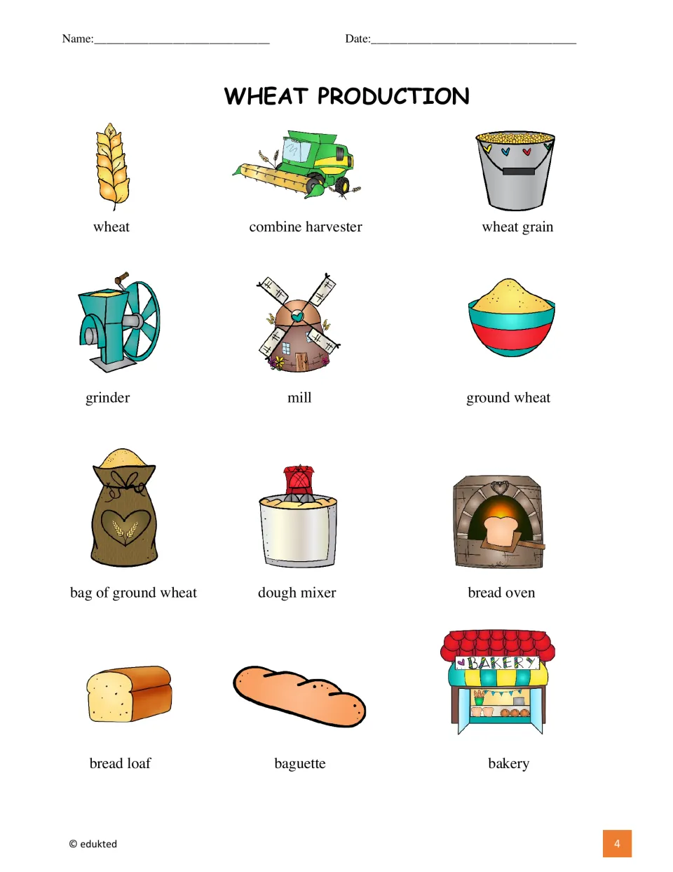 Illustrated vocabulary reference presents 12 wheat-related terms, including combine harvester, mill, and bakery