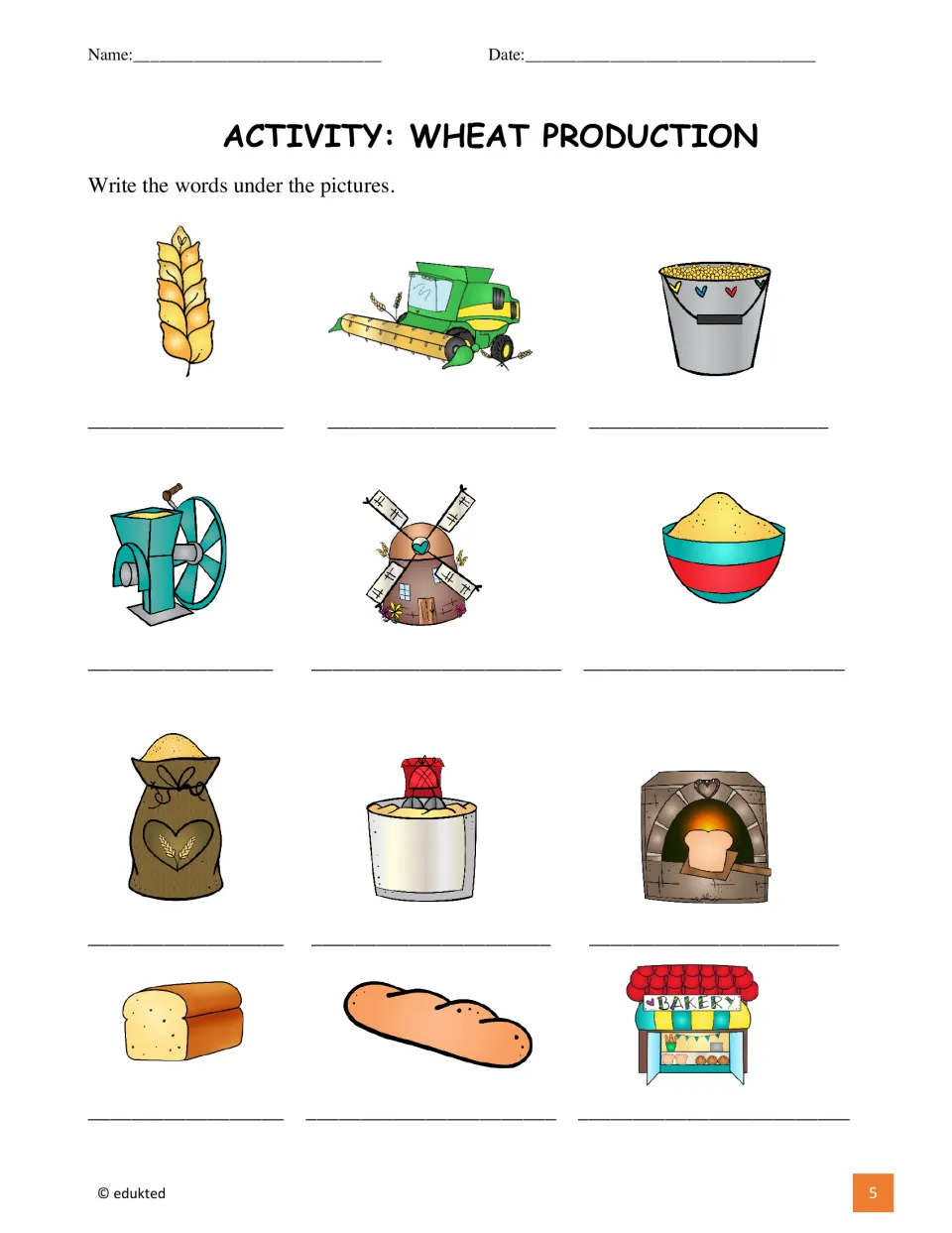 Vocabulary labeling activity asks students to write the words for 12 pictures, from wheat to bread and bakery