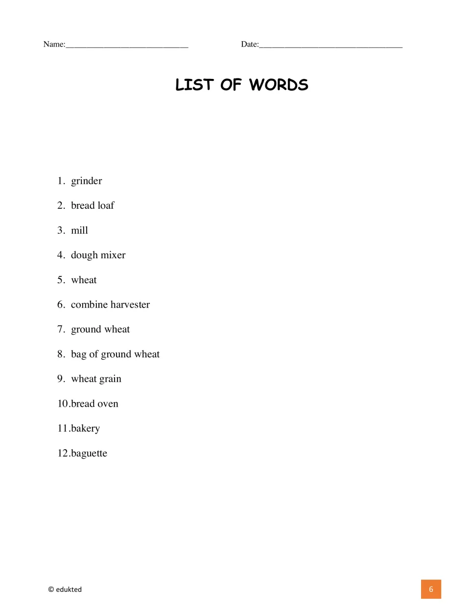 Booklet word list collects 12 terms, including grinder, bread loaf, dough mixer, wheat grain, and baguette