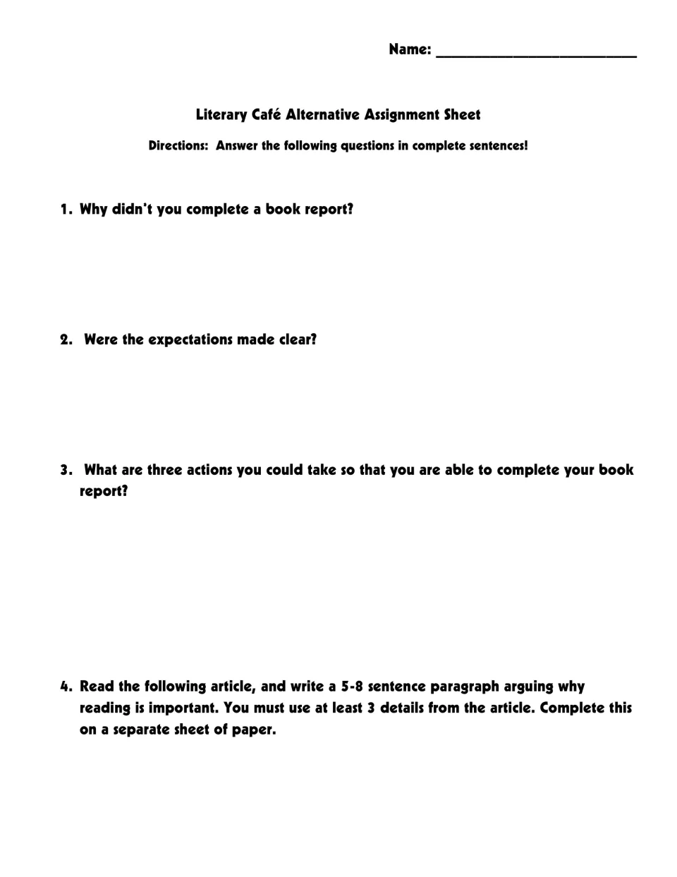 Alternative assignment: reflect on an unfinished book report and write 5–8 sentences on why reading matters.
