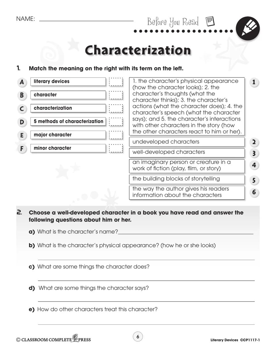 Before You Read: match 6 terms like major character to meanings, then describe a well-developed book character