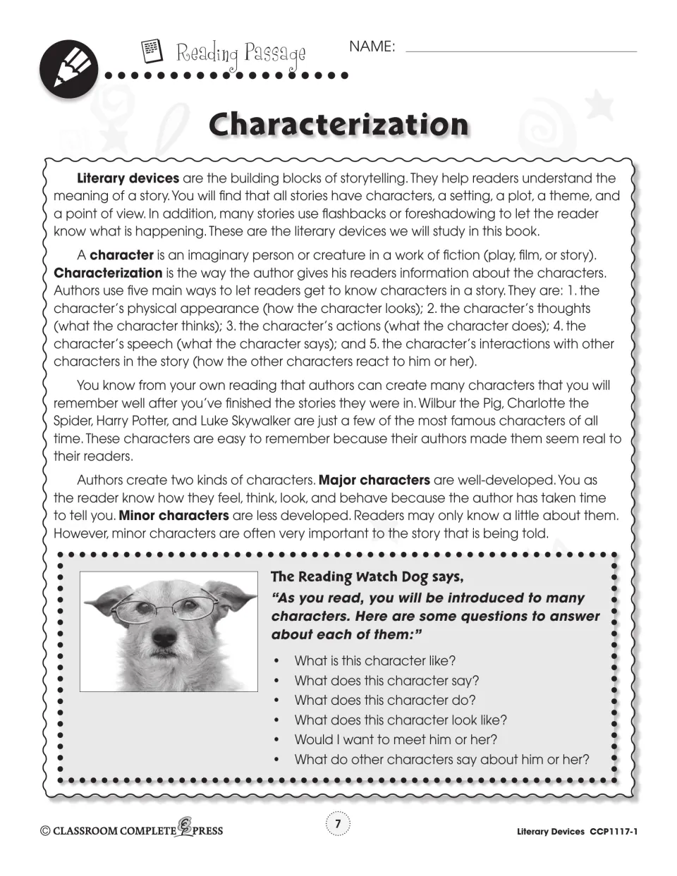 Reading passage defining characterization, the five ways authors reveal characters, and major vs. minor characters