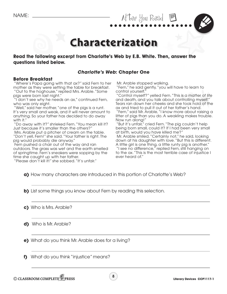 After You Read: Charlotte's Web Chapter One excerpt about Fern and the runt pig, with 6 questions on its characters