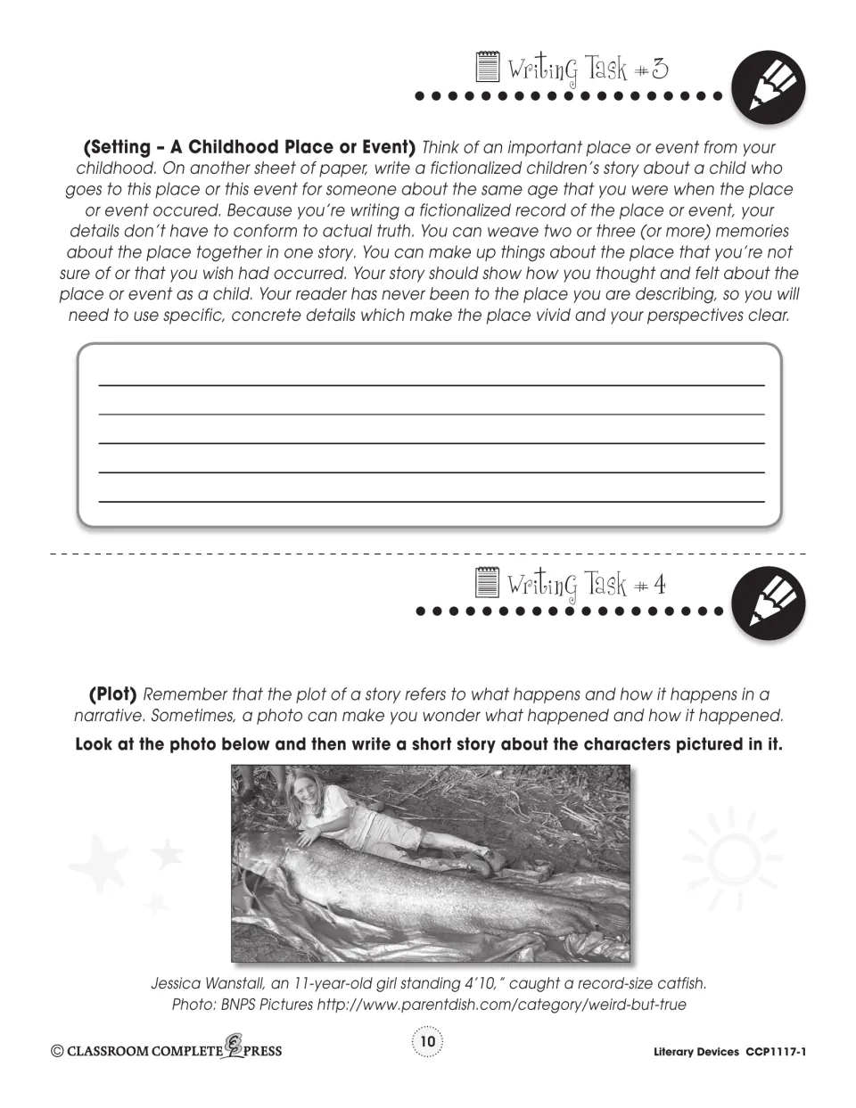 Writing Tasks 3 and 4: a childhood place story, and a plot story based on a photo of a girl with a record catfish