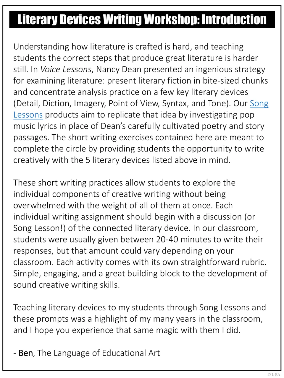 Writing workshop introduction: teacher note on Voice Lessons, Song Lessons links and 20-40 minute writing times