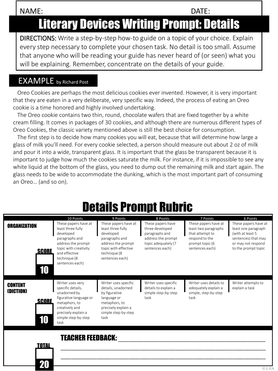 Details writing prompt: students write a step-by-step how-to guide, with an Oreo-eating example and a 20-point rubric