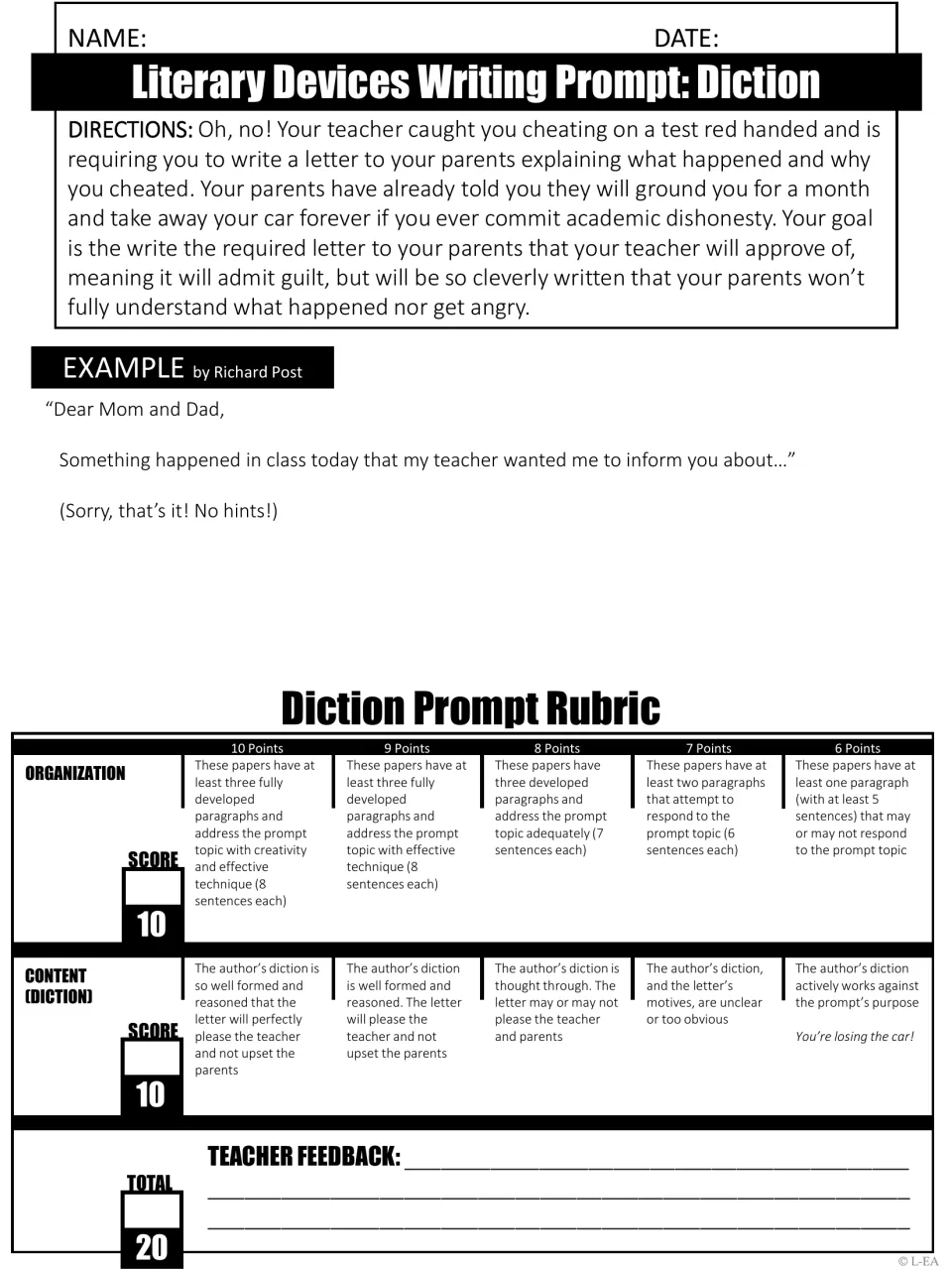 Diction writing prompt: students write a letter to parents admitting to cheating on a test, using careful word choice