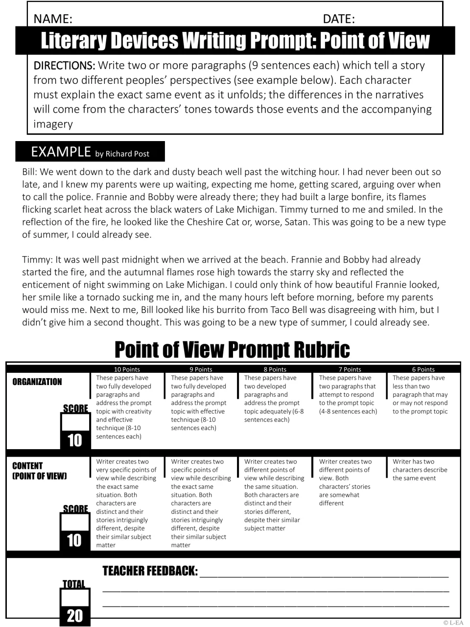 Point of view writing prompt: students retell one event from two characters' perspectives, with a Bill and Timmy example