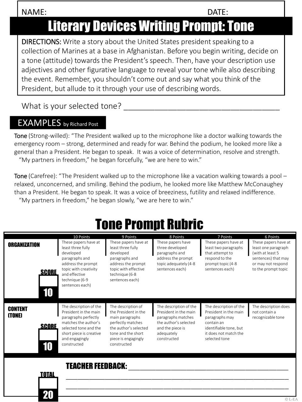 Tone writing prompt: students pick a tone and reveal it describing a president's speech to Marines, with two examples