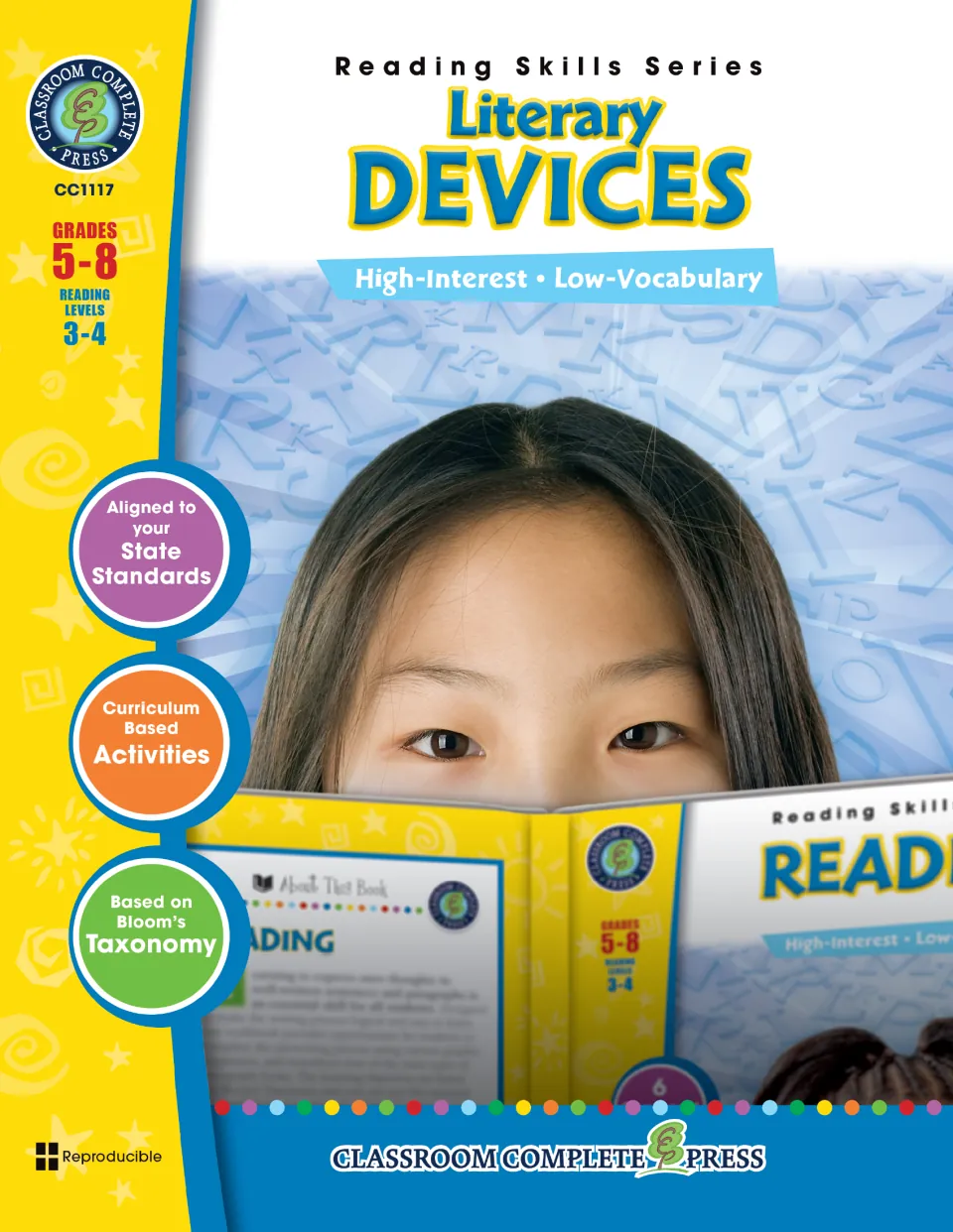 Literary Devices cover, Reading Skills Series, Grades 5-8, reading levels 3-4, showing a girl peering over an open book