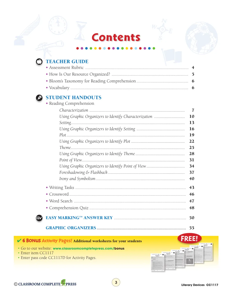 Table of contents: teacher guide, handouts on characterization, setting, plot, theme, irony, quiz and answer key
