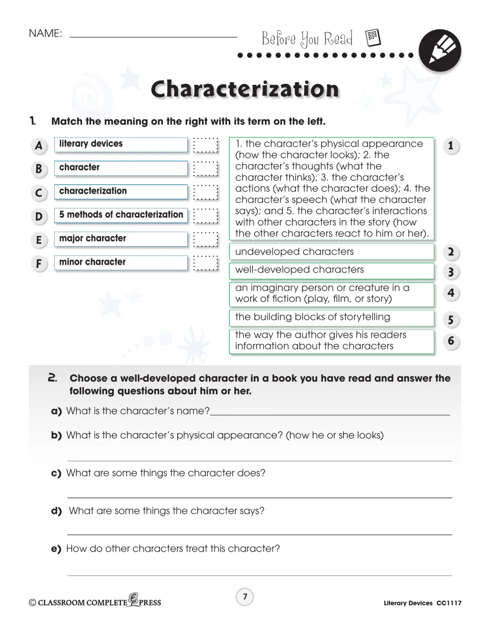 Characterization: students match six terms to definitions, then describe a well-developed character from their reading