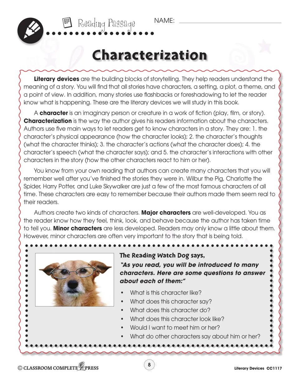 Characterization reading passage defining character, five methods of characterization, and major versus minor characters