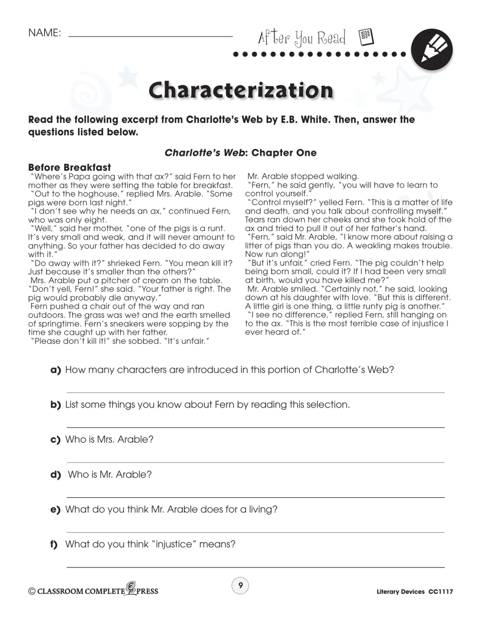 Characterization: students read the Charlotte's Web excerpt and answer six questions about Fern and the Arables