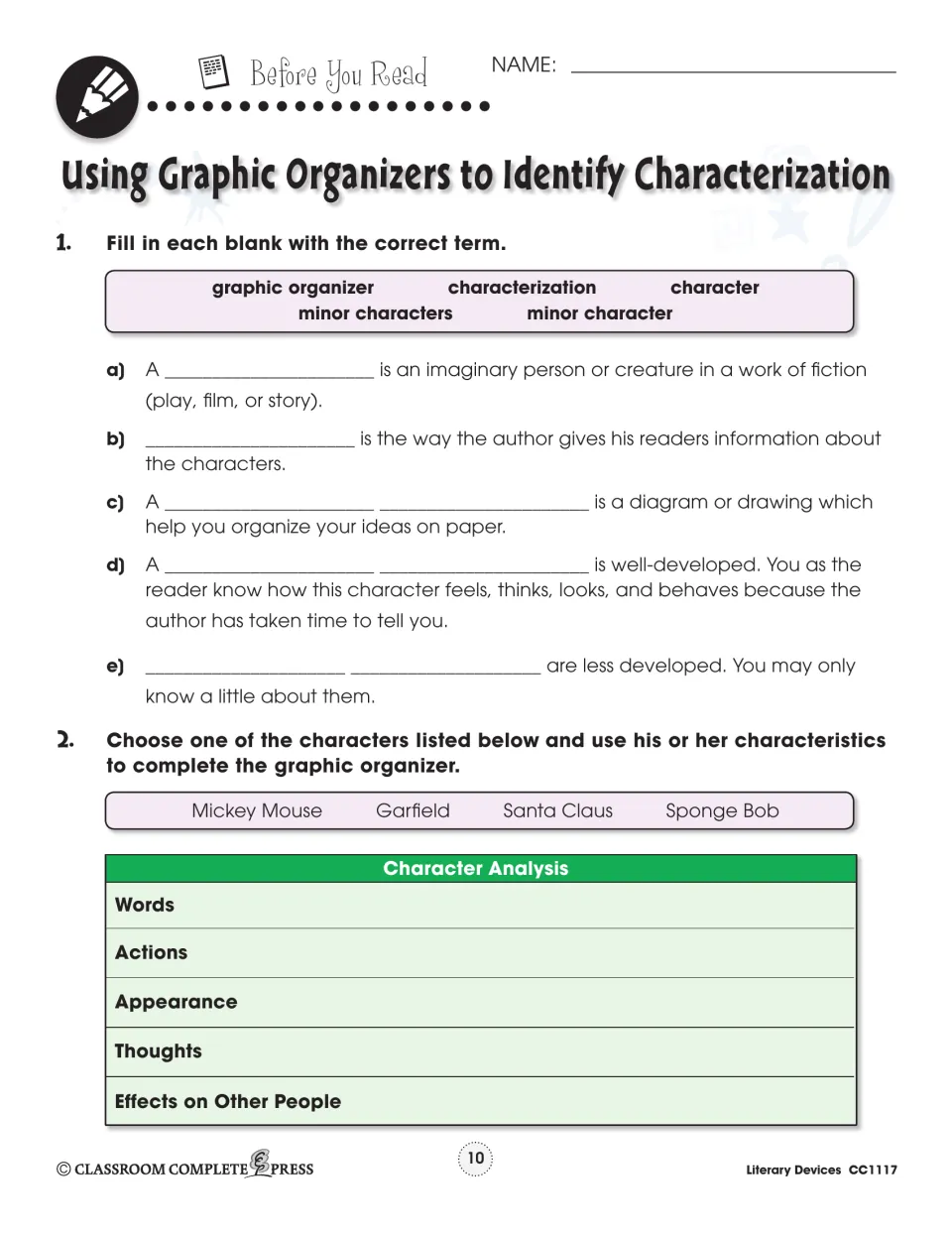 Graphic organizers for characterization: students fill in term blanks, then chart a cartoon character's traits