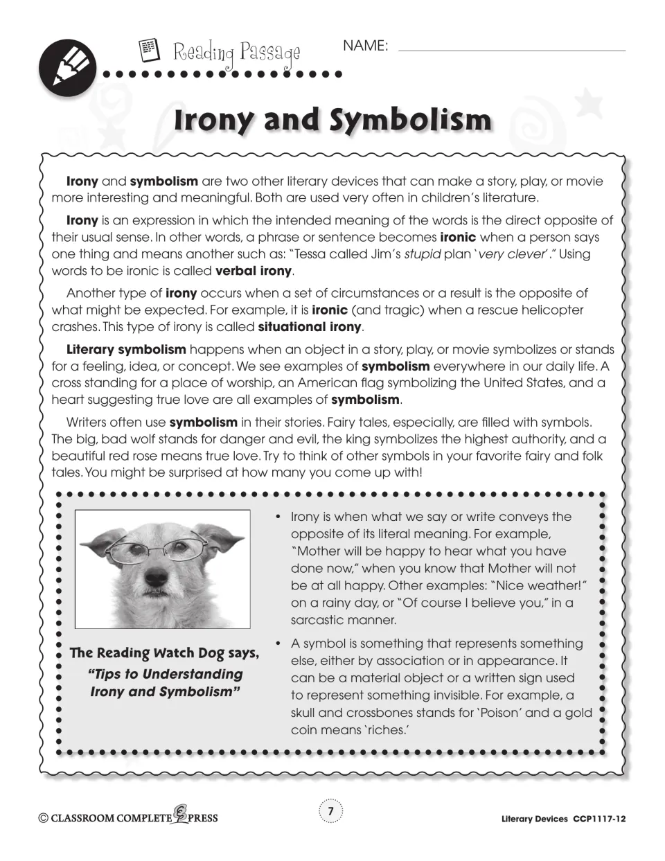 Reading passage defining verbal and situational irony and literary symbolism, with examples like the big, bad wolf