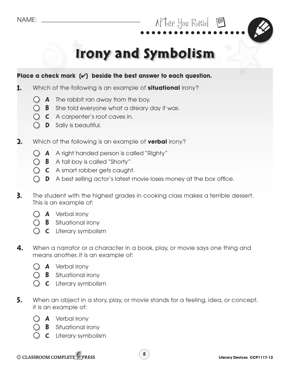 After You Read: 5 check-mark questions identifying verbal irony, situational irony or literary symbolism