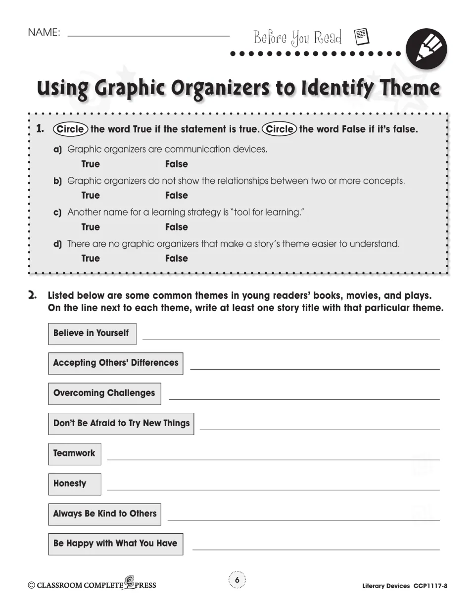 Before-reading practice includes four true-or-false statements about organizers and eight themes to match to stories
