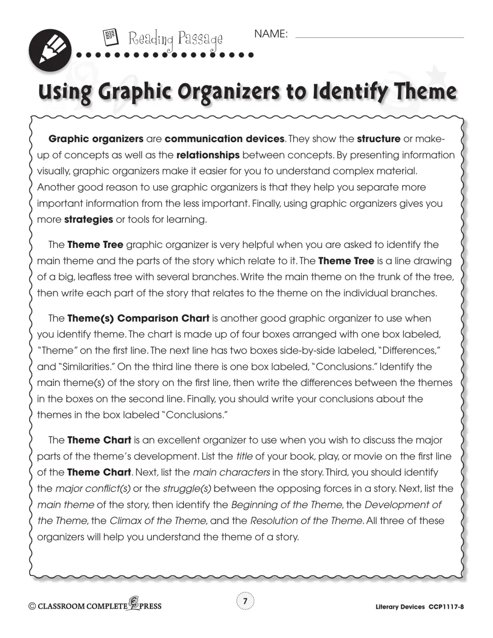 Reading passage explains how to use a Theme Tree, Theme(s) Comparison Chart, and Theme Chart to identify theme