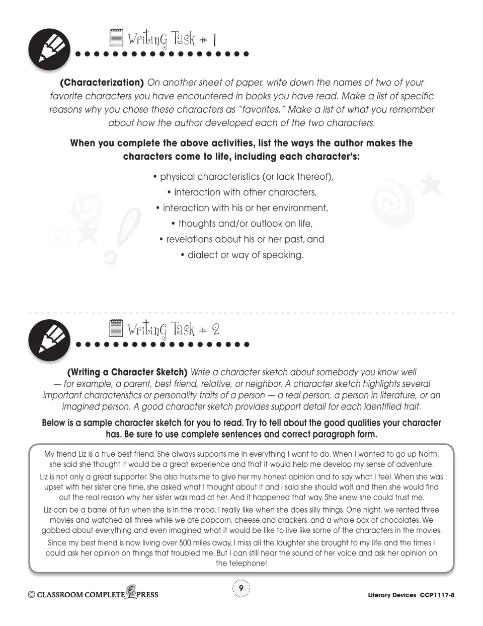 Writing tasks 1–2 ask students to analyze two favorite characters and write a character sketch using a sample
