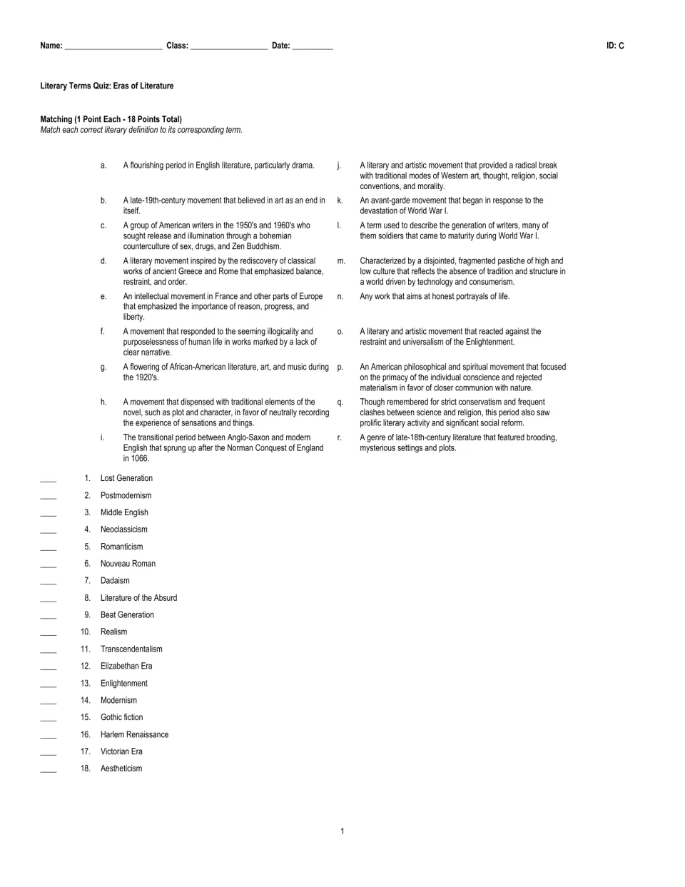Quiz version C: same 18 definitions, terms reordered, starting with Lost Generation and Postmodernism