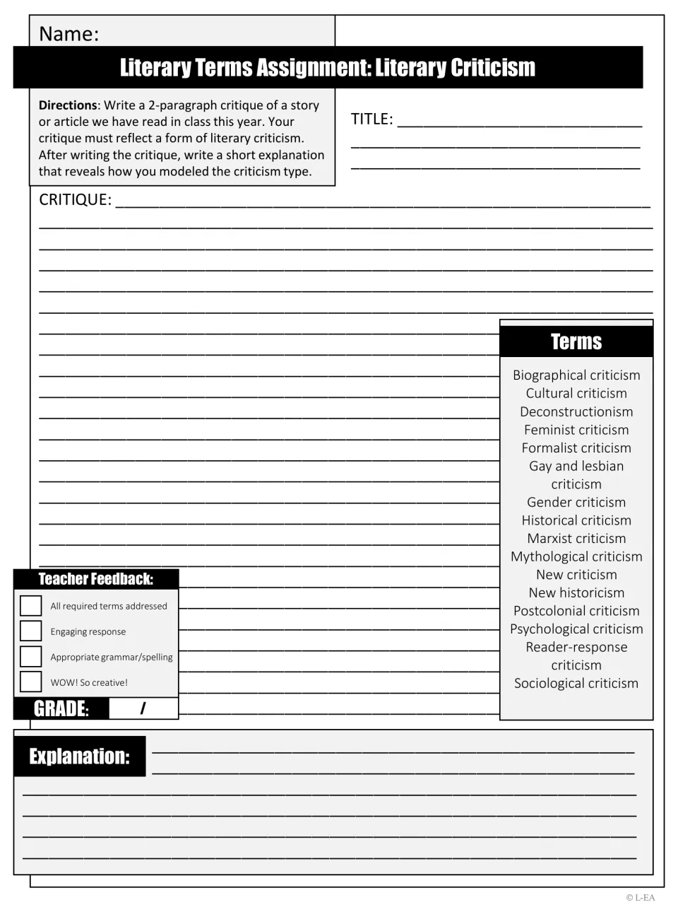 Writing assignment: a 2-paragraph critique of a story or article modeling one criticism type, plus an explanation