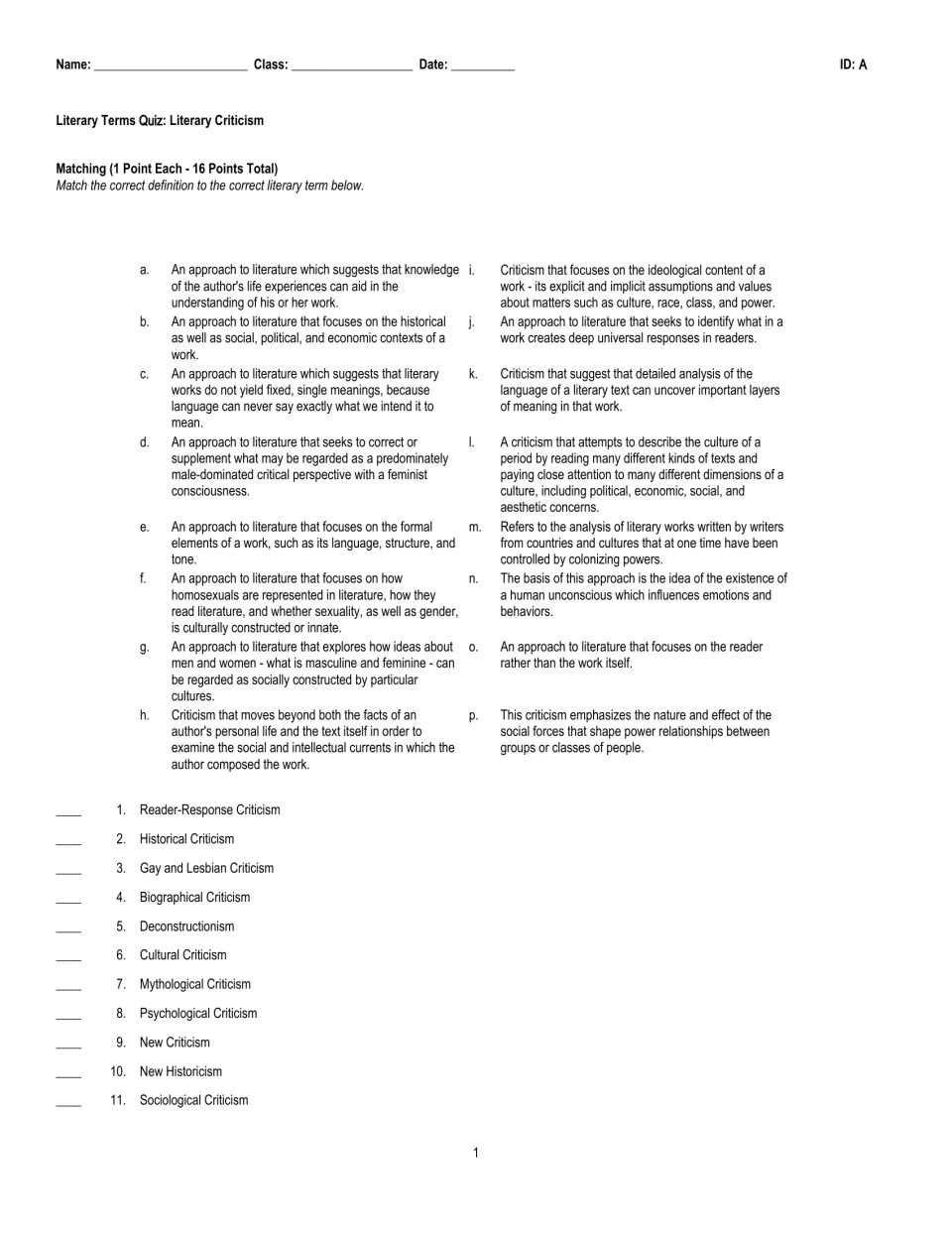Quiz version A: match 16 definitions (a–p) to criticism terms, starting with 1. Reader-Response Criticism