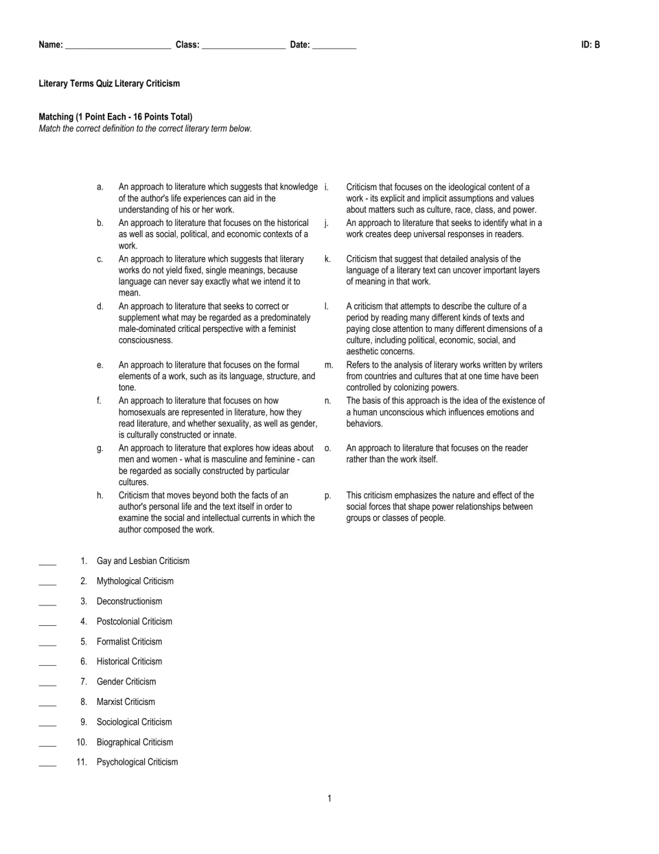 Quiz version B: the same 16 definitions in a new term order, starting with 1. Gay and Lesbian Criticism