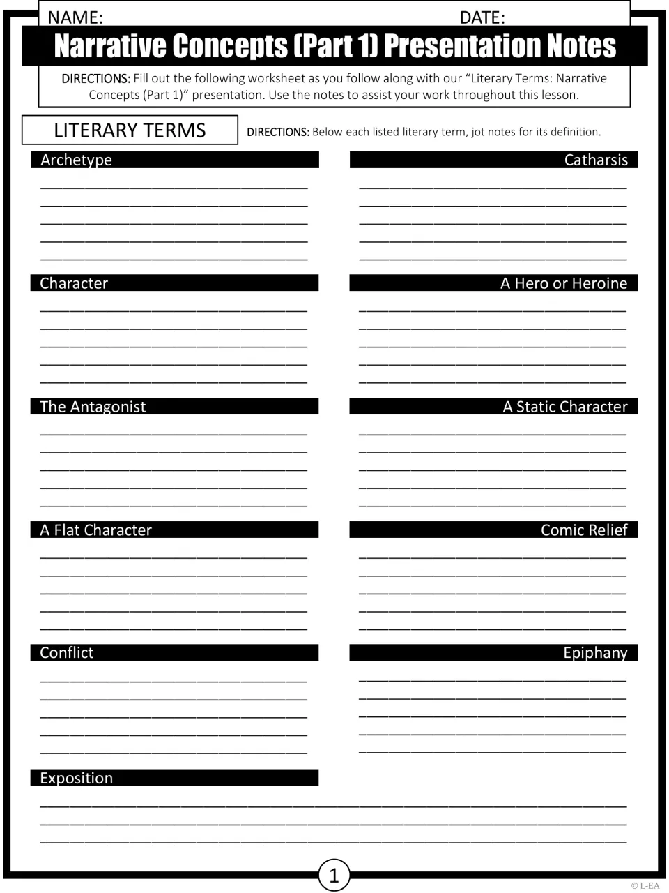 Part 1 presentation notes sheet: Archetype, Catharsis, Character, A Hero or Heroine and 7 more terms to define
