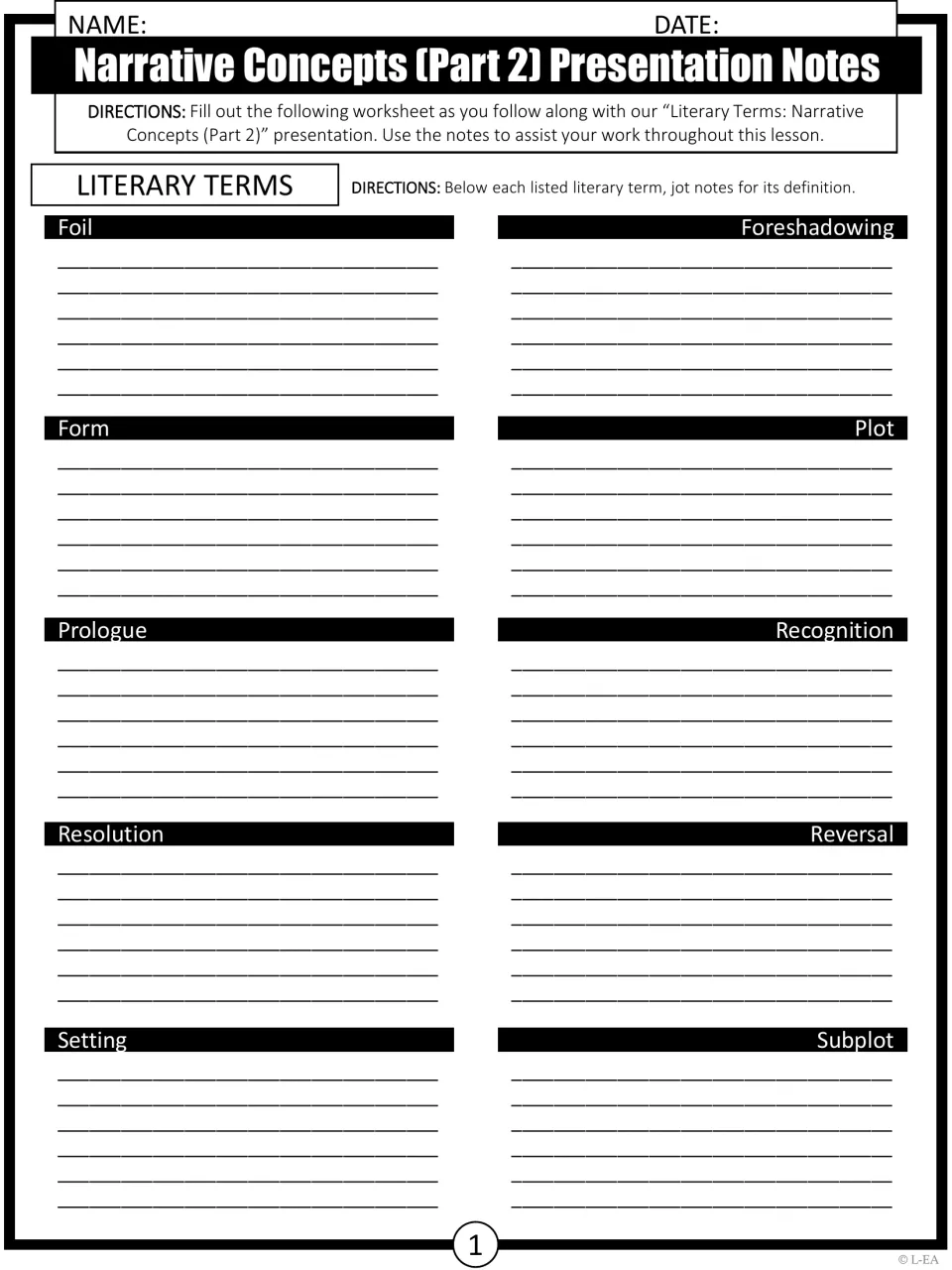 Part 2 notes sheet, page 1: Foil, Foreshadowing, Form, Plot, Prologue and 5 more terms to define during the slides