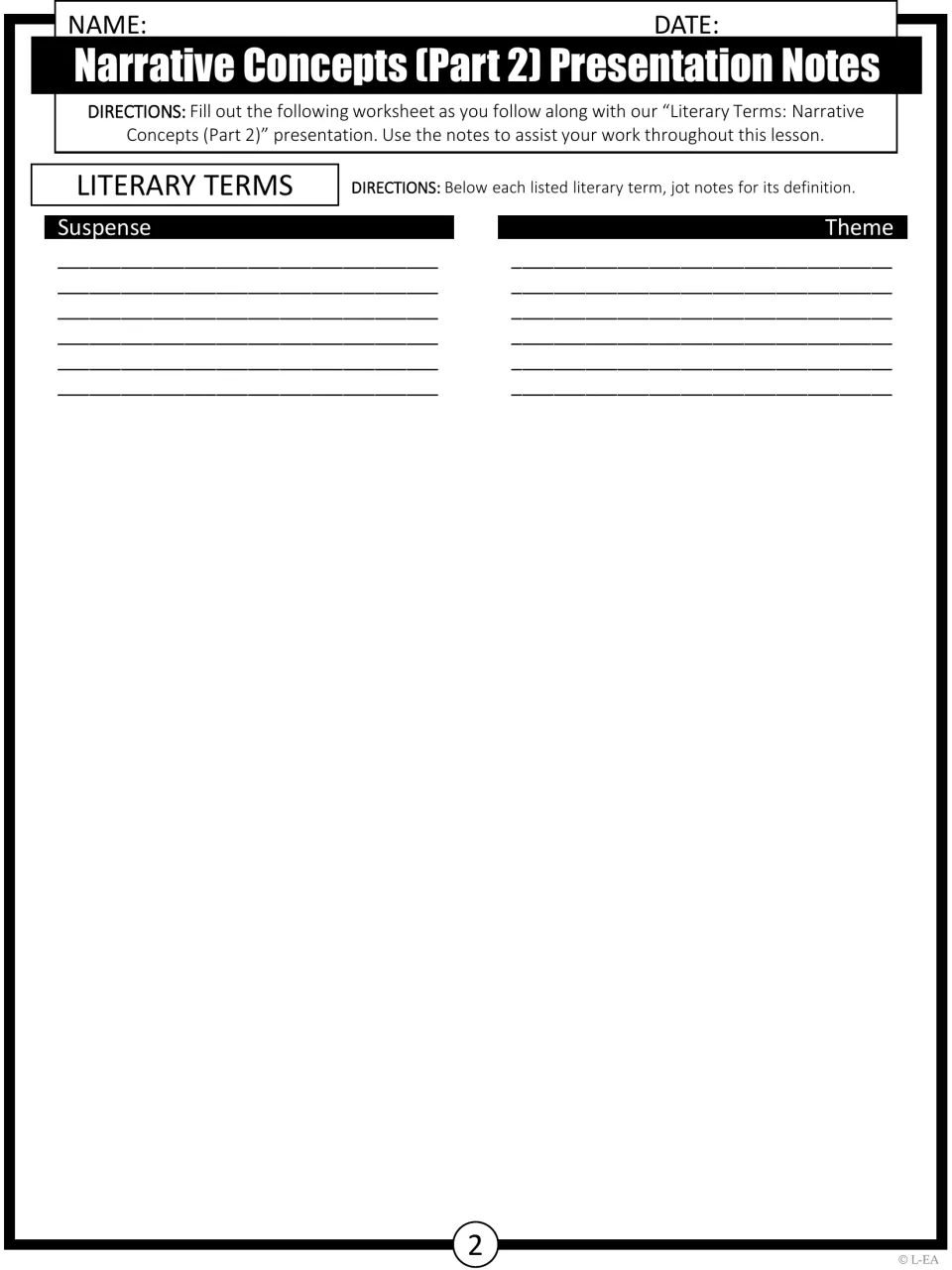 Part 2 notes sheet, page 2: the final two terms, Suspense and Theme, with space to jot each definition