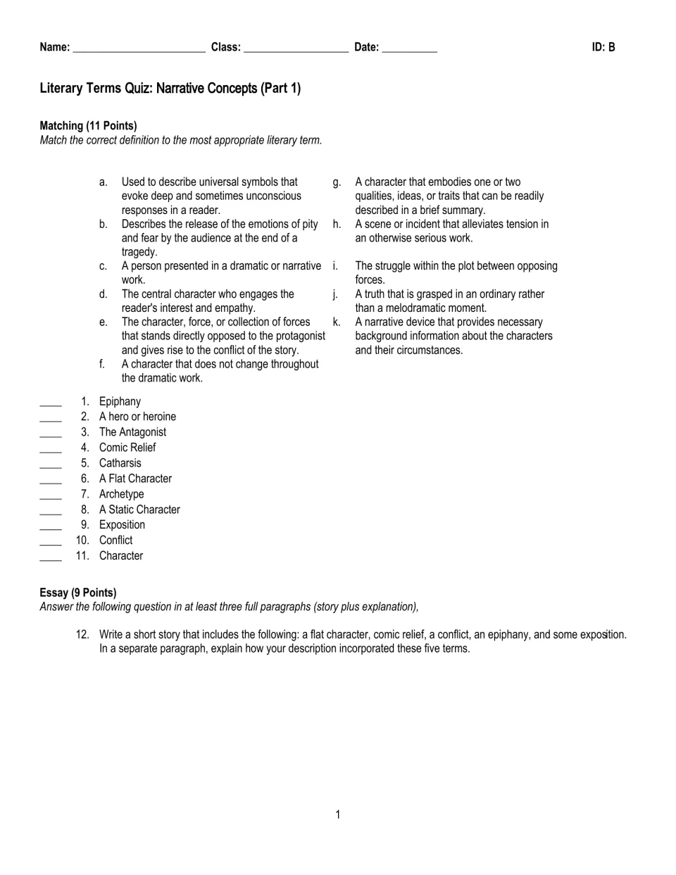 Part 1 quiz, version B: the same 11 definitions with terms reordered, starting with Epiphany, plus a story essay