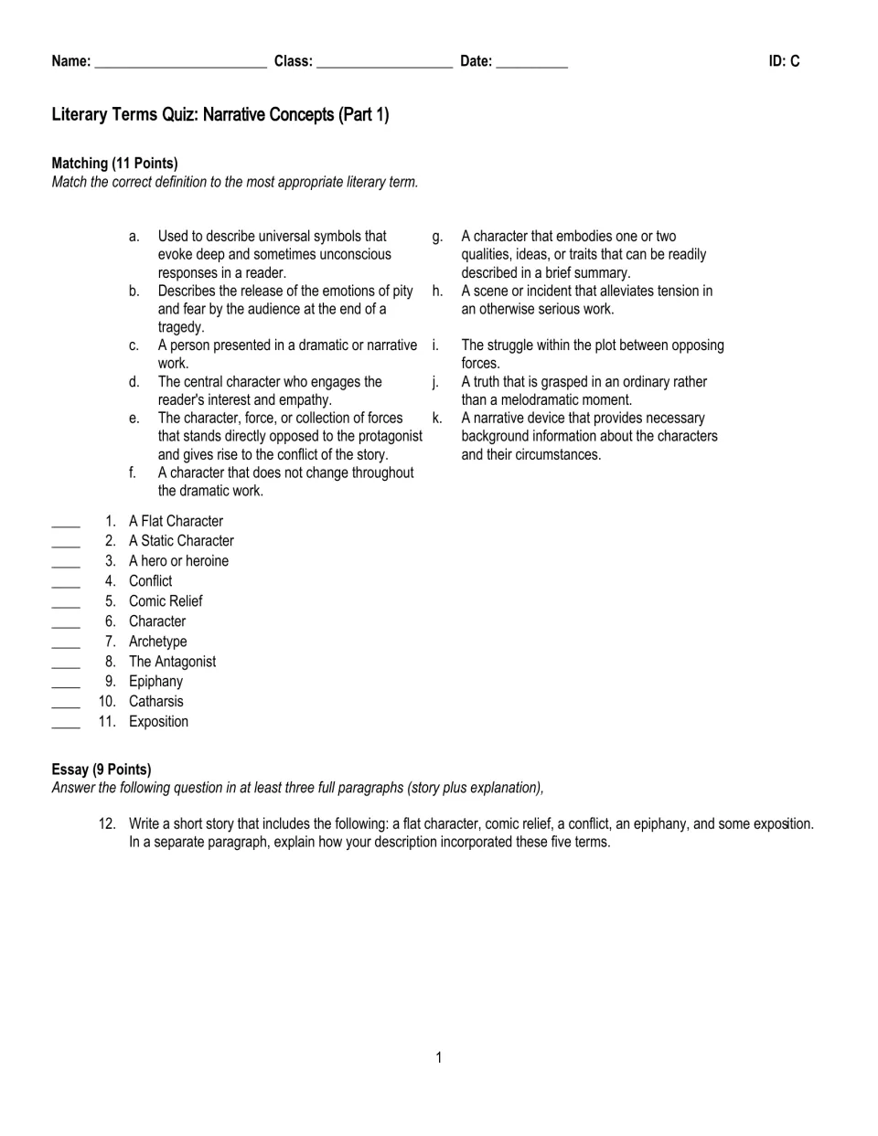 Part 1 quiz, version C: 11 matching terms in a new order, from A Flat Character to Exposition, plus a story essay