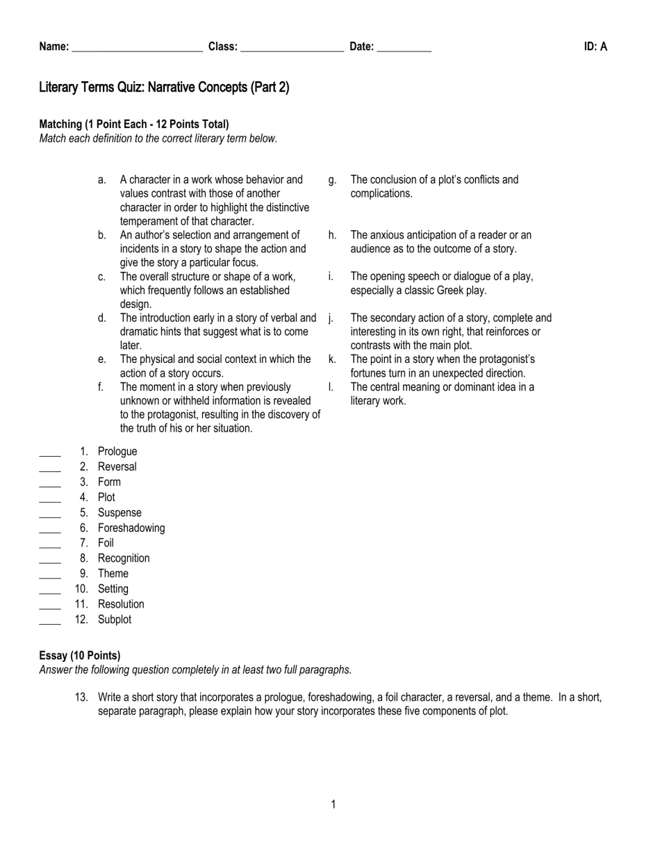 Part 2 quiz, version A: match 12 terms, Prologue to Subplot, to definitions, then a five-term short story essay
