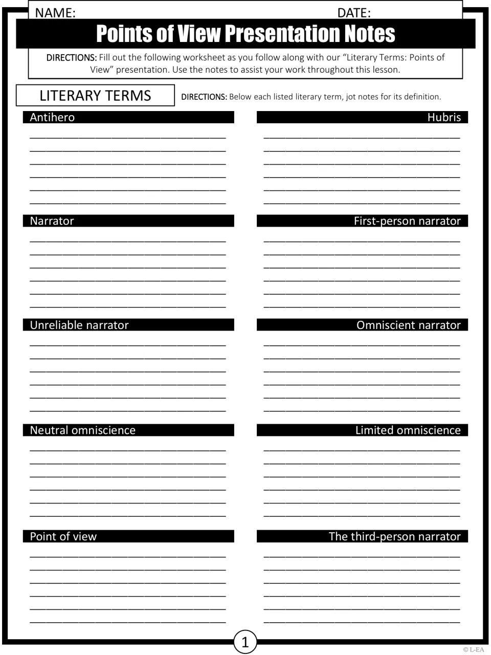 Points of View presentation notes: students jot definitions for 10 terms, from antihero and hubris to third-person narrator