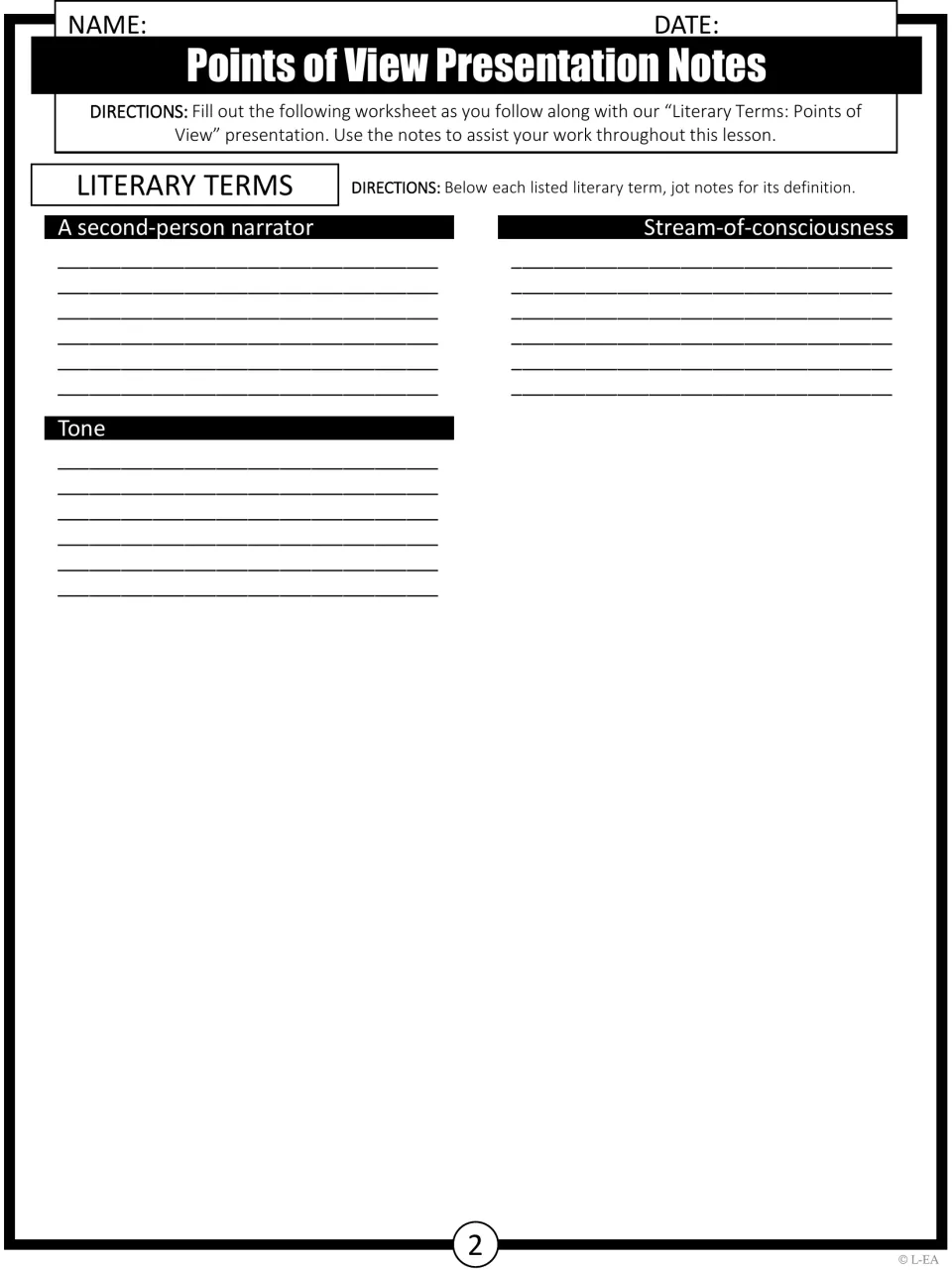 Points of View notes, page 2: students write definitions for second-person narrator, stream-of-consciousness and tone