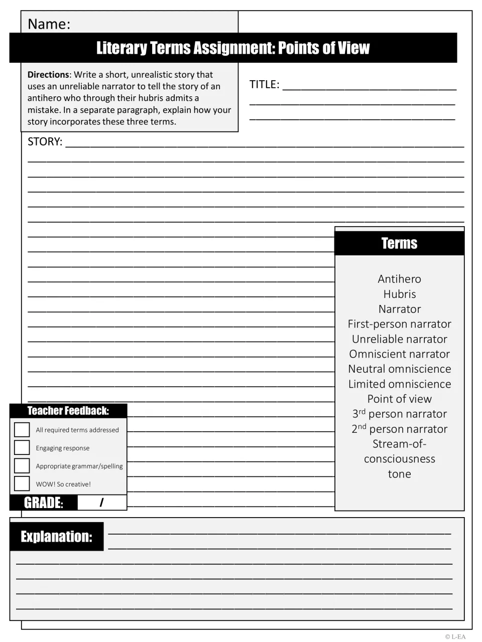 Points of view writing task: students write a short story using an unreliable narrator, an antihero and hubris, then explain
