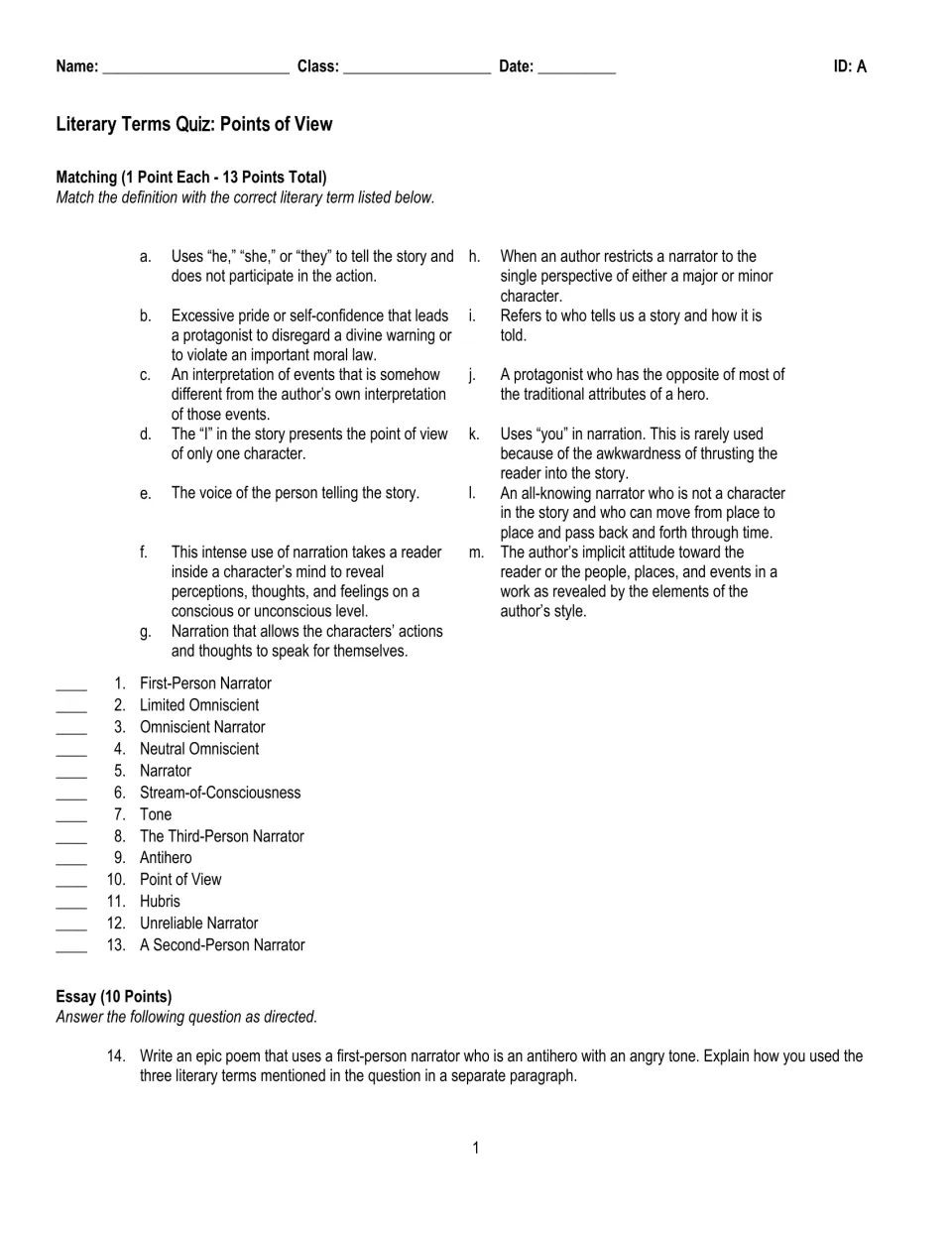 Points of view quiz, version A: students match 13 terms such as hubris and tone to definitions, then write an epic poem