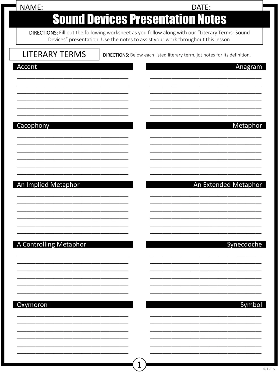 Sound Devices Presentation Notes: students jot definitions for 10 terms, from accent and anagram to oxymoron and symbol