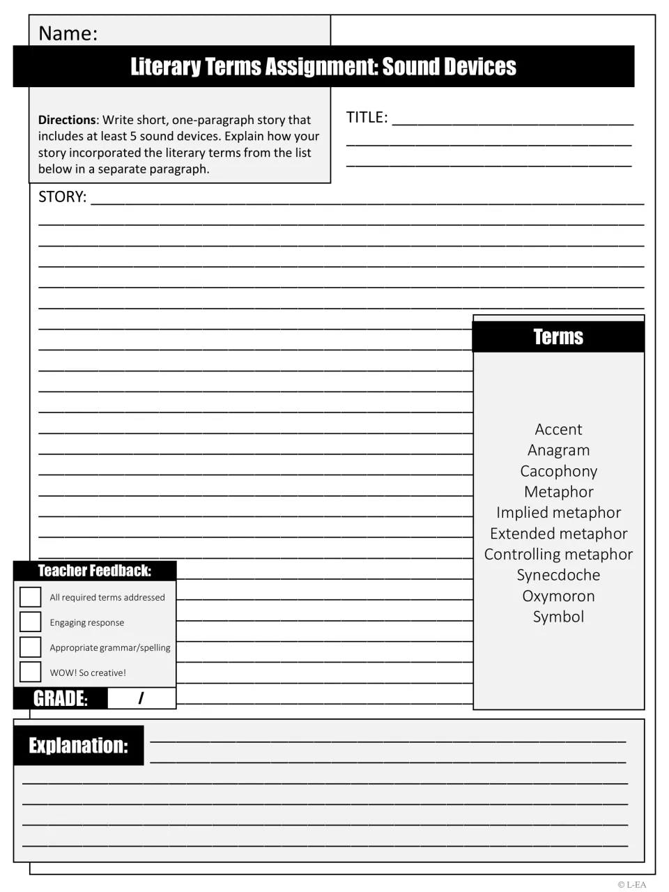 Sound devices assignment: students write a one-paragraph story using at least 5 listed terms, then explain their use