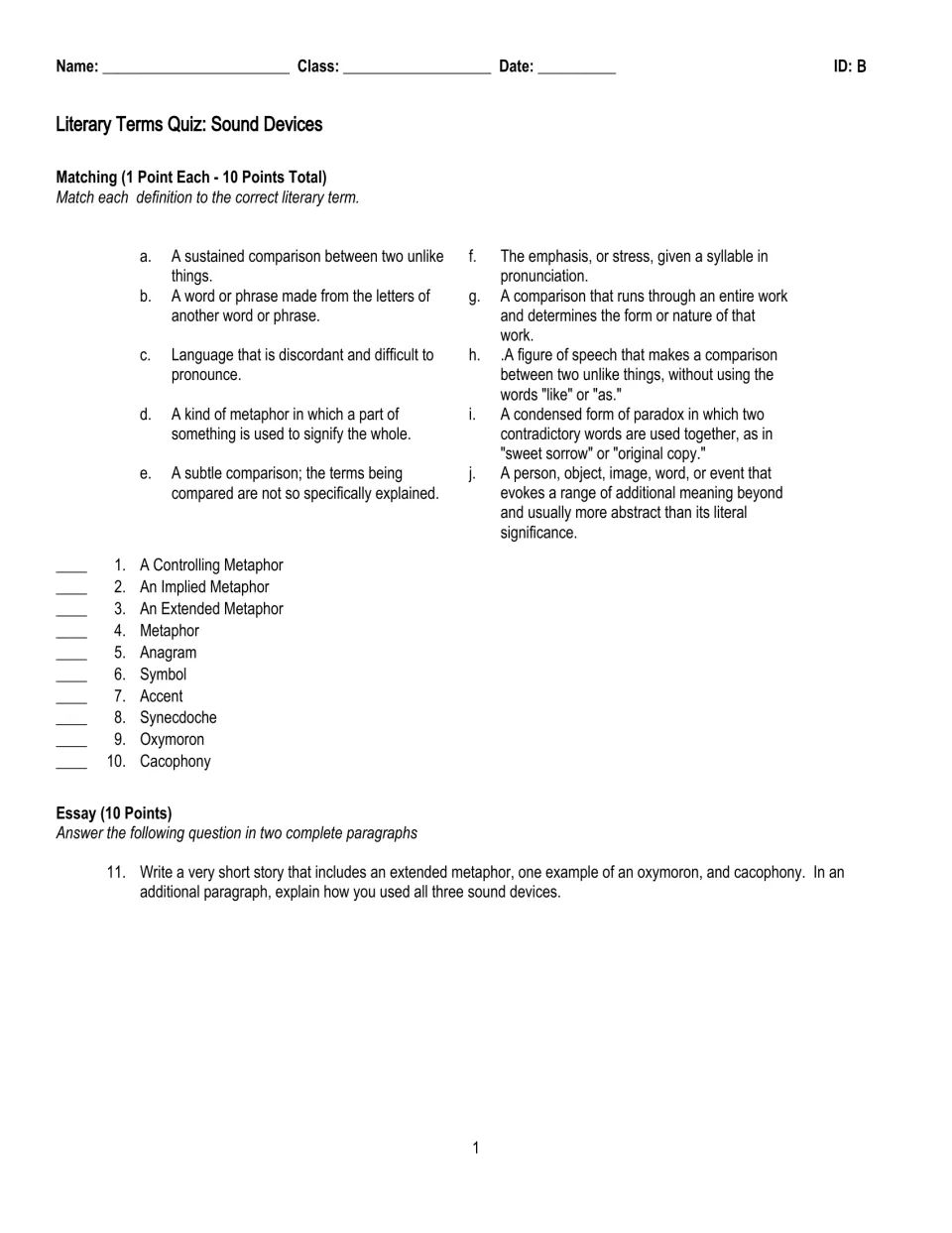 Sound devices quiz, version B: the same 10 term-definition matches in a new order, plus an essay with an extended metaphor