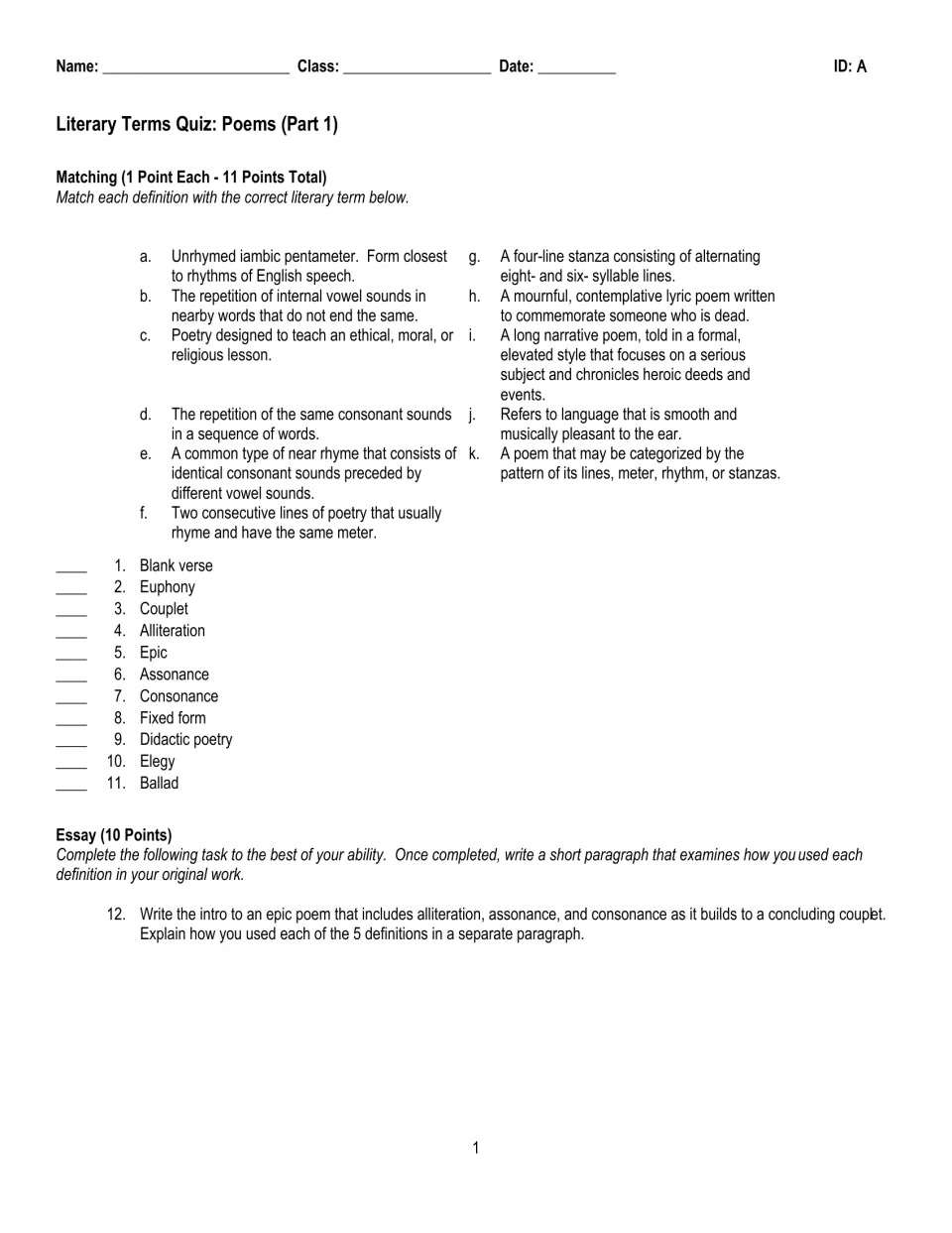 Quiz Part 1, version A: students match 11 terms like blank verse and euphony to definitions, then write an epic intro