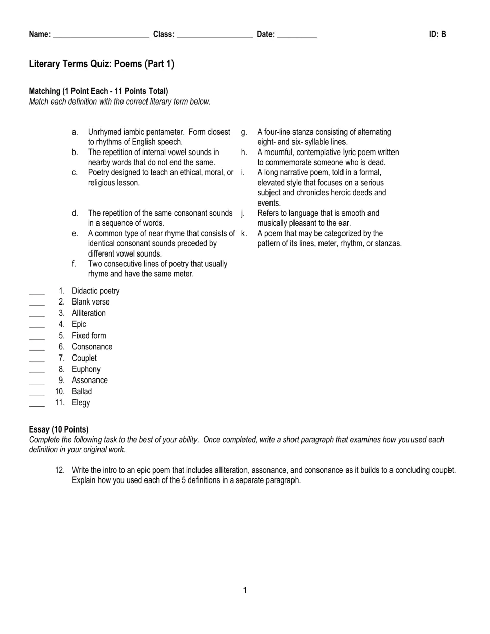 Quiz Part 1, version B: the same 11 definitions with terms reordered, starting with didactic poetry, plus an epic essay